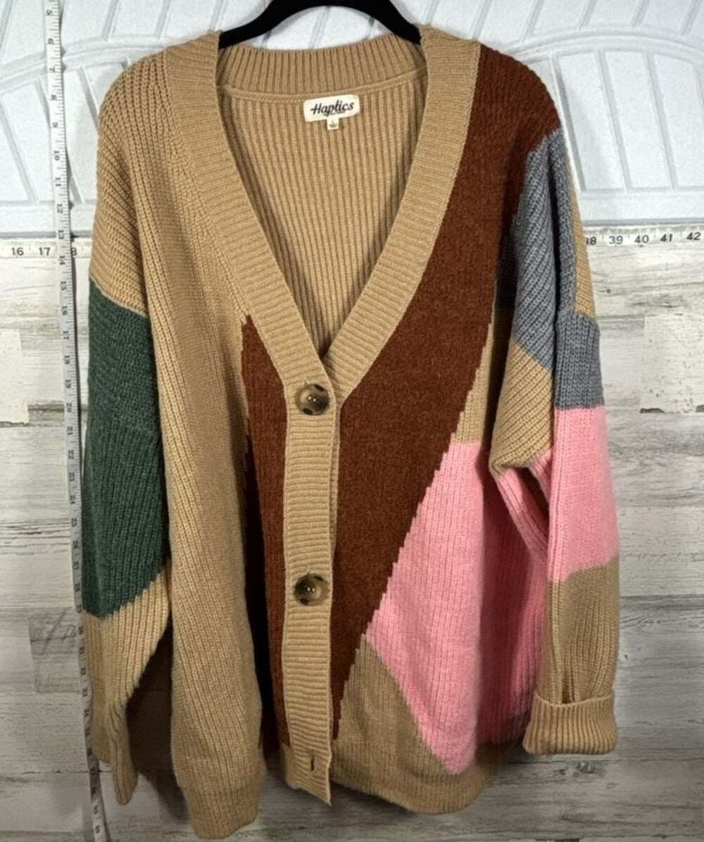 Haptics Color Block V-Neck Button Down Cardigan Sweater Size L